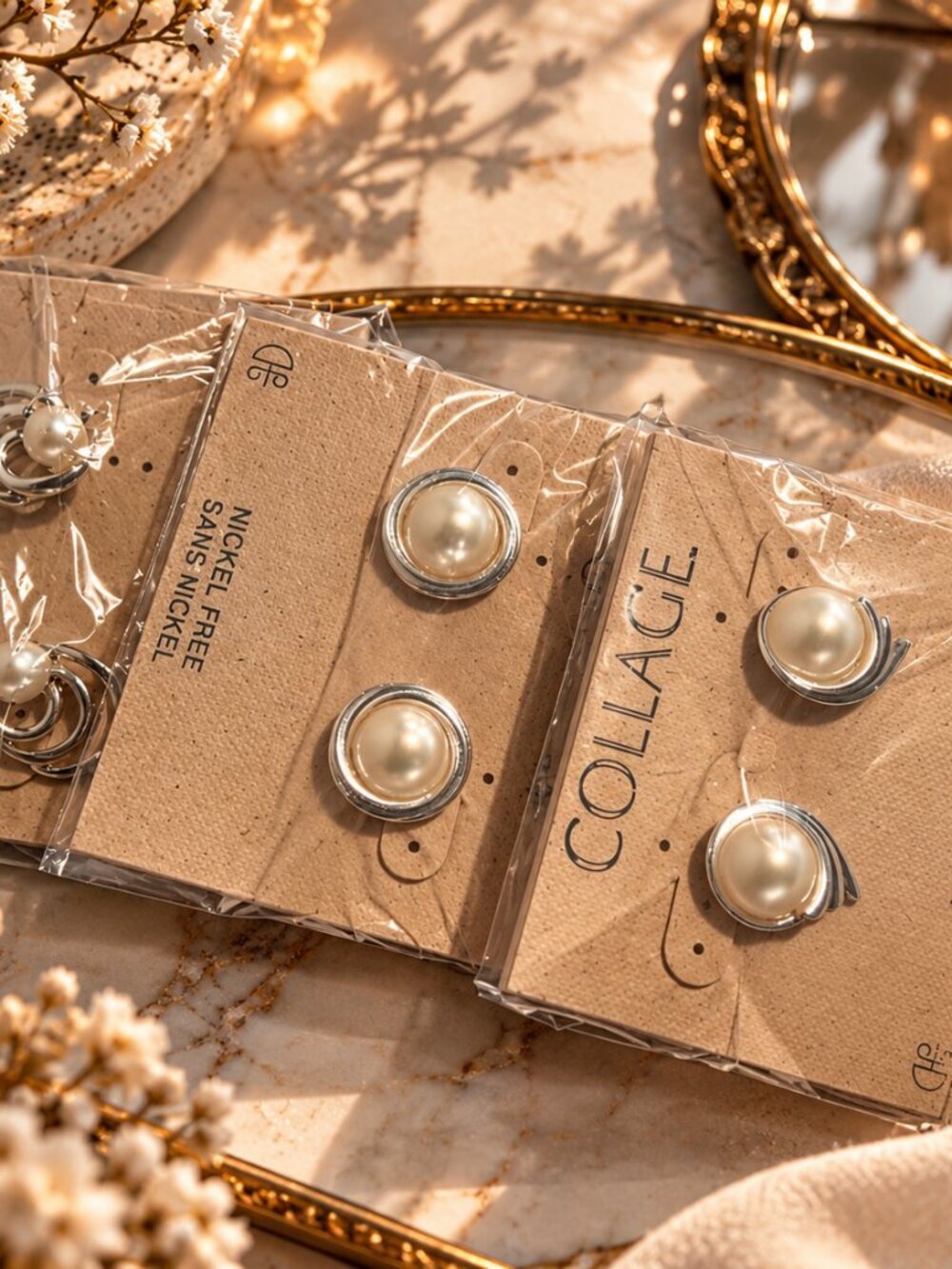 Collage Faux Pearl Silver Tone Earrings Lot of 3 Pairs Nickel Free